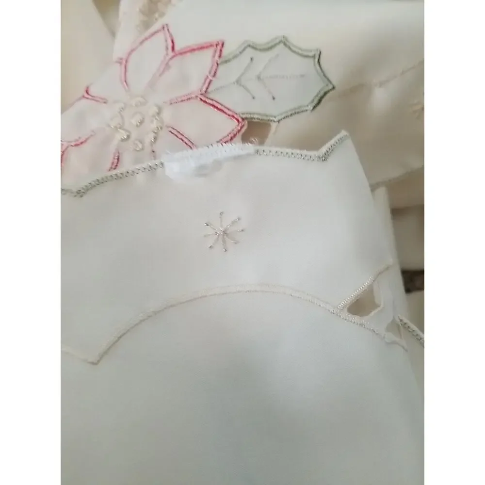 Vtg Poinsettia‎ Applique Christmas Lace Cut Work Tablecloth 52